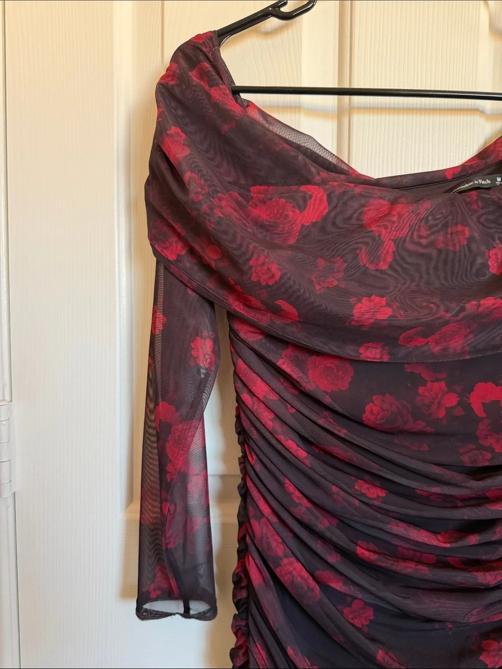Abercrombie & Fitch Burgundy Floral Ruched Off-Shoulder Long Sleeve Maxi Dress